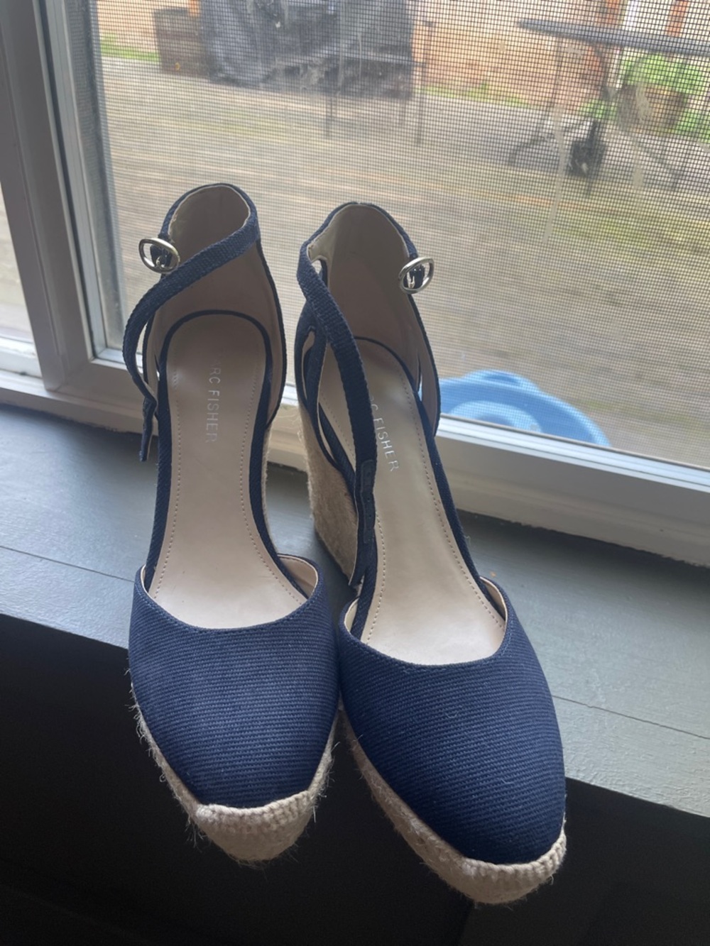 Marc Fisher Navy Espadrille Wedge Sandals with Ankle Strap